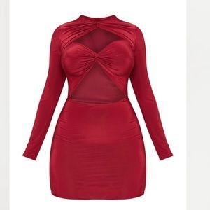 Shape Burgundy Slinky Cut Out Long Sleeve Bodycon Dress